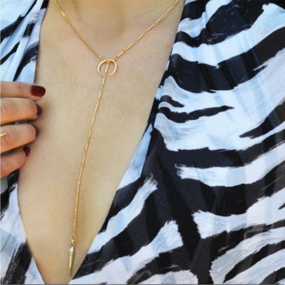 Luv AJ x Rachel Zoe Crescent Moon Pave Tusk Gold Tone Lariat Crystal Necklace - Picture 3 of 16